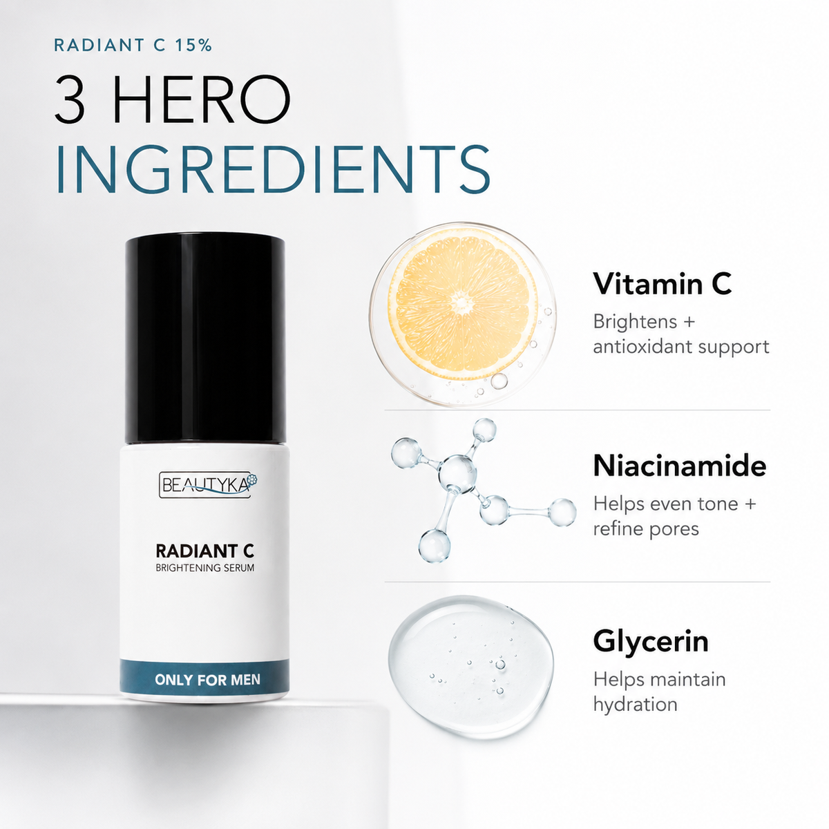 Beautyka Radiant C Brightening Serum bottle on a clean white background, with text and ingredient callouts for Vitamin C, Niacinamide, and Glycerin.