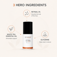 Beautyka Retinal Restore Serum bottle on a light beige background with callouts for three hero ingredients: retinal, white tea essential oil and glycerin.