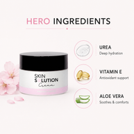 Beautyka Skin Solution Cream on a light background with hero ingredient callouts for urea, vitamin E and aloe vera.