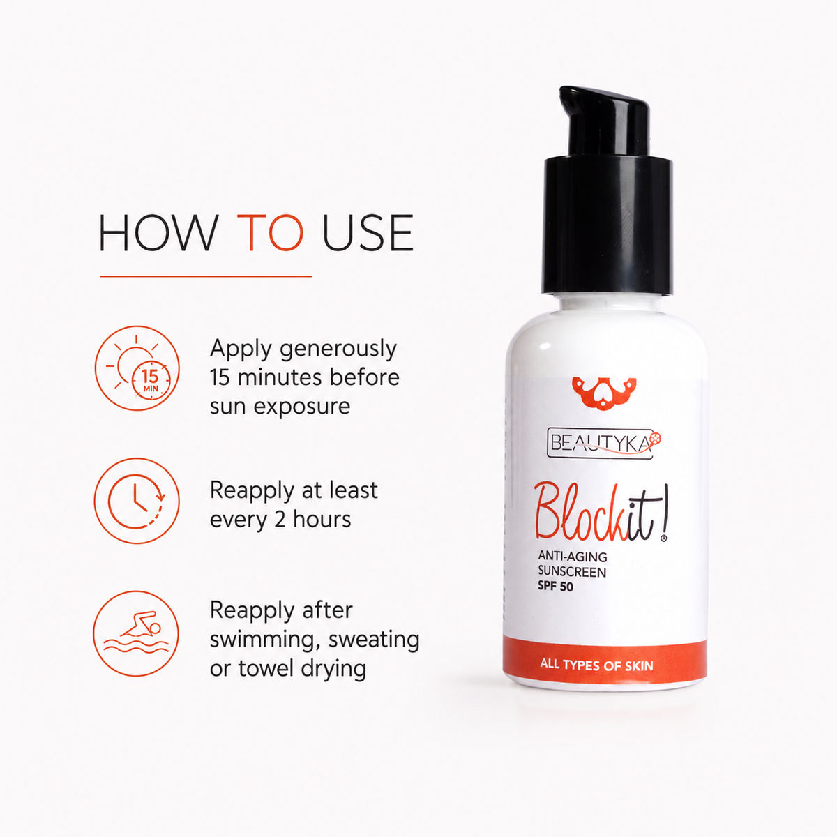 A bottle of Beautyka Block It! Anti-Aging Sunscreen SPF 50 on a white background next to a 'HOW TO USE' graphic with three orange icons and text.