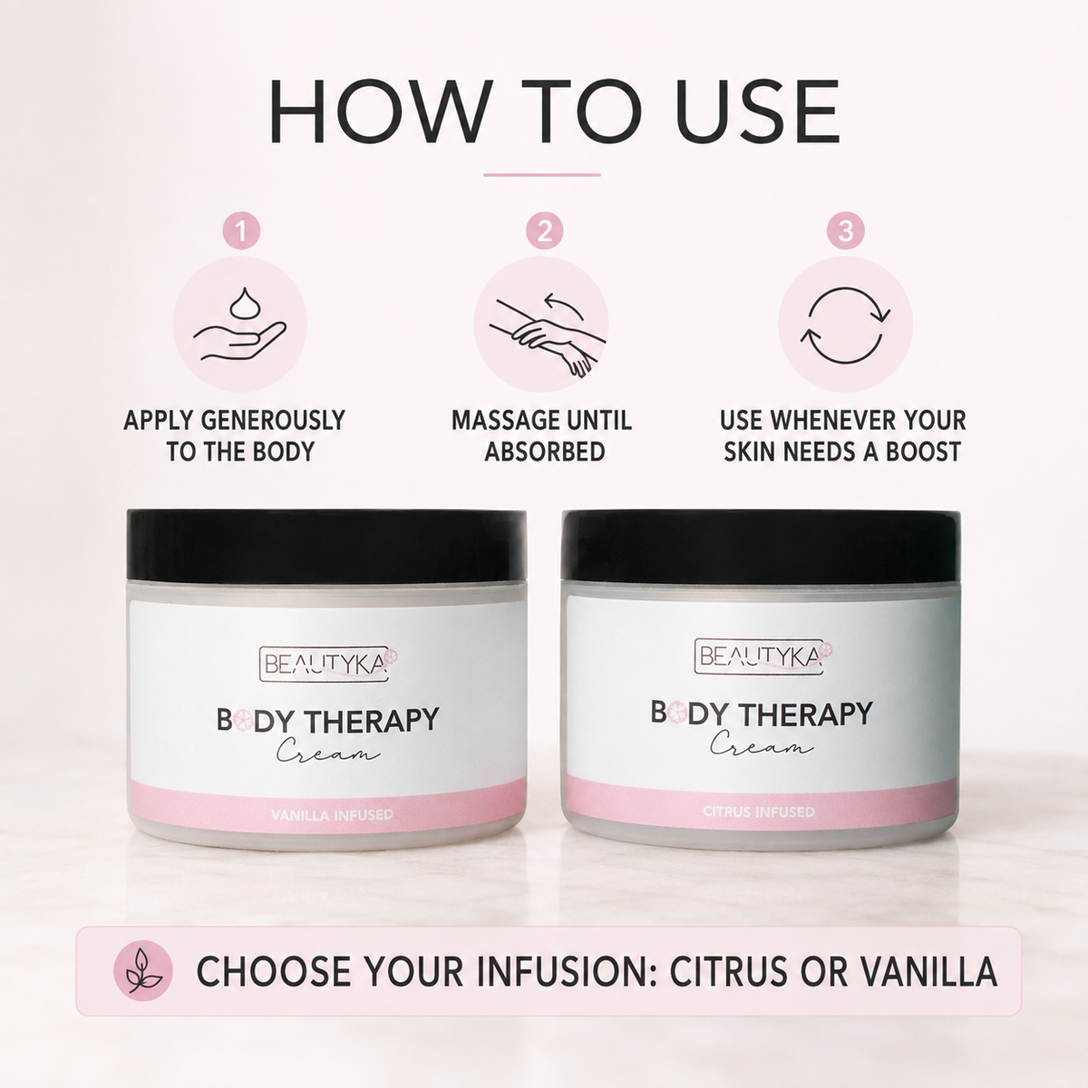 Beautyka Body Therapy Nourishing Cream with a how-to-use instruction panel.