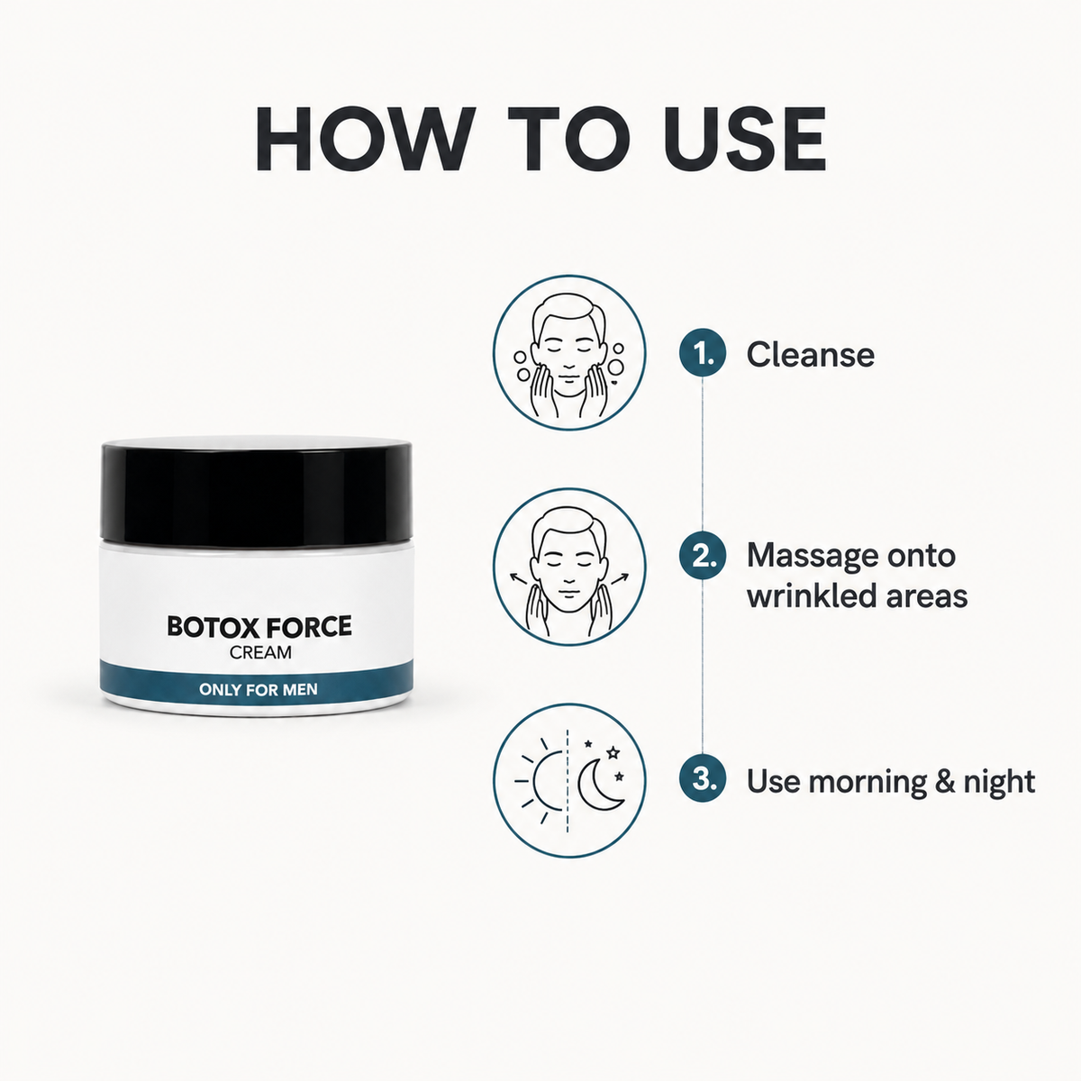 Instruction graphic for Botox Force Cream showing a white and black jar on a light gray background, with step-by-step usage icons: cleanse, massage onto wrinkled areas, use morning and night.