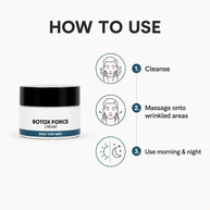 Instruction graphic for Botox Force Cream showing a white and black jar on a light gray background, with step-by-step usage icons: cleanse, massage onto wrinkled areas, use morning and night.