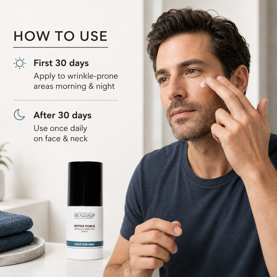 A man applies serum from a Botox Force bottle to his face, with text on the left explaining how to use the product over 30 days.