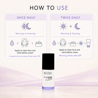 Beautyka Collagen Glam Lifting Serum on a lavender surface with a how-to-use infographic showing once and twice daily application.