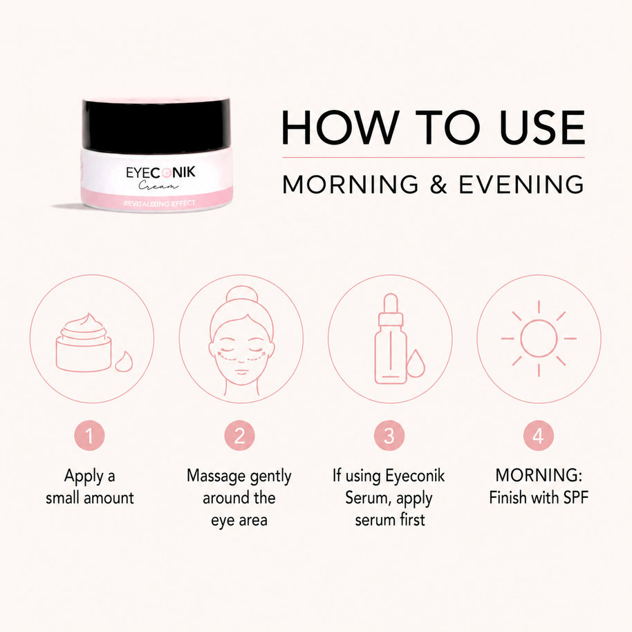 Instructional graphic showing how to use Beautyka Eyeconik Eye Cream morning and evening in four numbered steps.