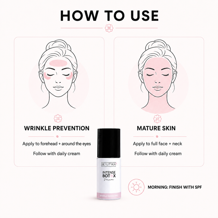 How-to-use infographic for Beautyka Intense Botox Serum covering wrinkle prevention and mature skin.