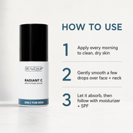Beautyka Radiant C Brightening Serum bottle shown next to a 'How to Use' guide with three steps on a clean white background.