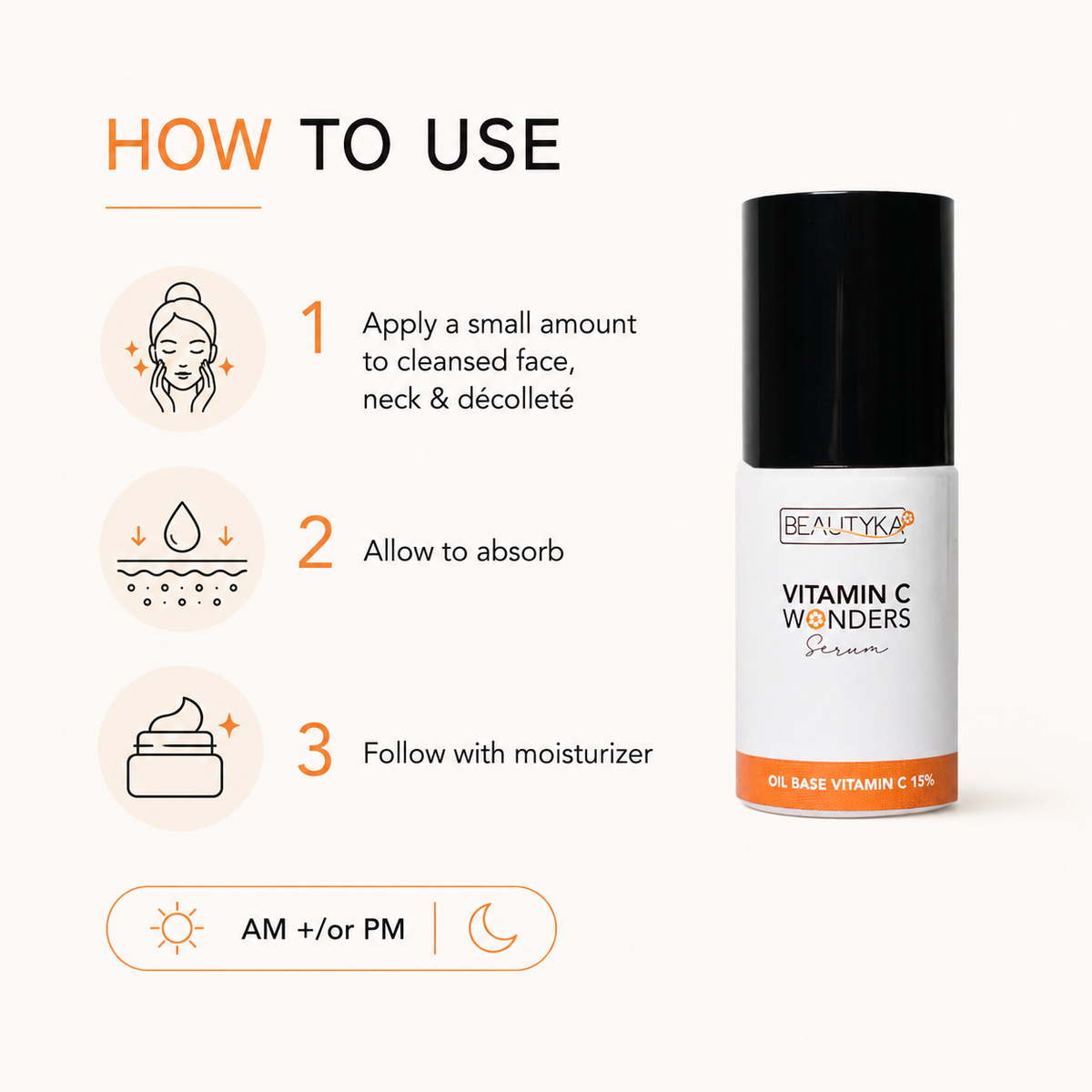 Beautyka Vitamin C Wonders Oil Serum with a how-to-use infographic showing three application steps and AM/PM indicators.