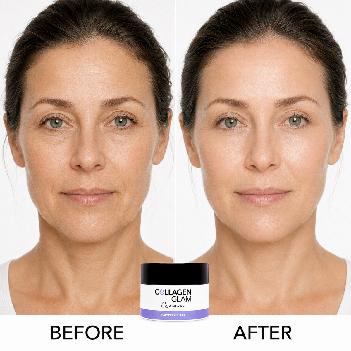 Before-and-after comparison of a woman's face with the Collagen Glam Lifting Cream jar centered at the bottom.