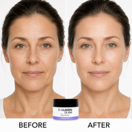Before-and-after comparison of a woman's face with the Collagen Glam Lifting Cream jar centered at the bottom.