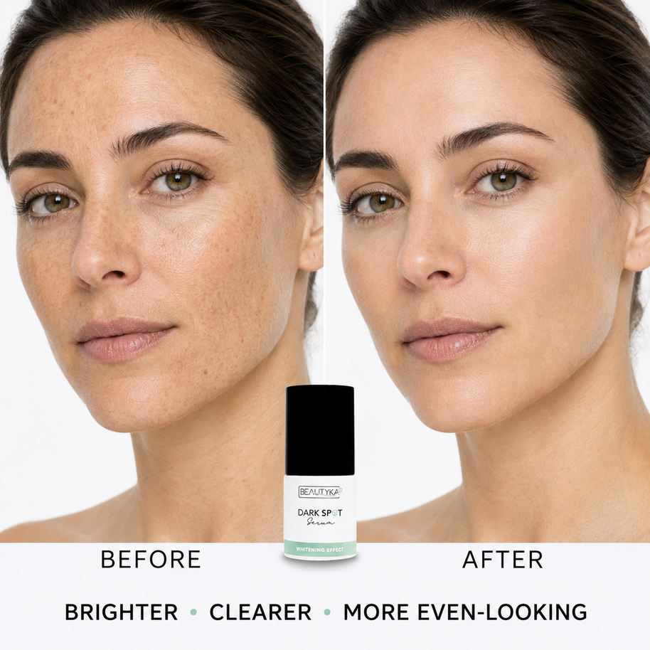 Before-and-after split screen showing a woman's face with reduced freckles and more even skin tone, with the serum bottle in the centre.