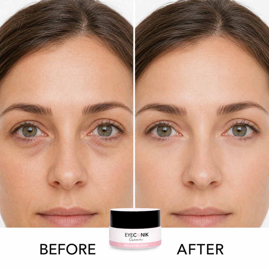 Before-and-after comparison of a woman's under-eye area showing reduced dark circles, with the Eyeconik jar below.