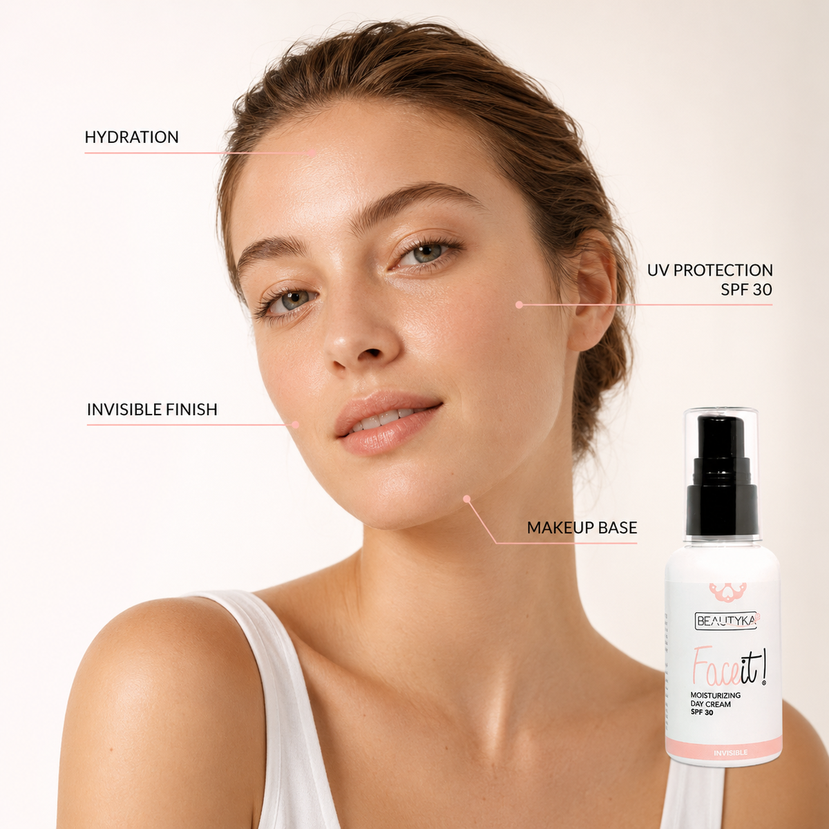 A woman with hydrated skin with callouts for hydration, SPF 30 UV protection, invisible finish and makeup base, with the product bottom right.