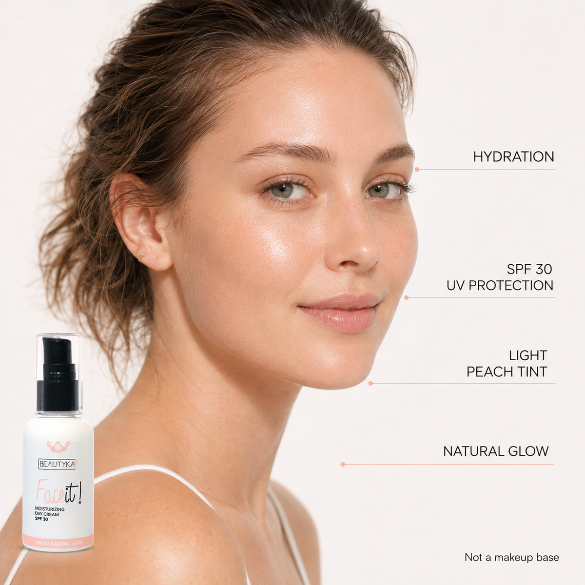Young woman wearing Beautyka Face It! Tinted SPF30 with a sheer peach tint and natural glow.