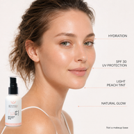 Young woman wearing Beautyka Face It! Tinted SPF30 with a sheer peach tint and natural glow.