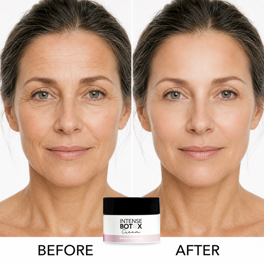 Before-and-after comparison of a woman's face with the Intense Botox Cream jar at the bottom centre.