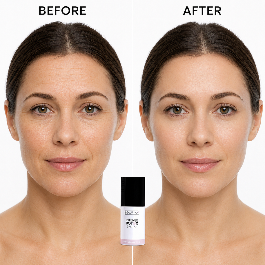 Before-and-after comparison showing skin texture improvement, with the Intense Botox Serum bottle centered at the bottom.