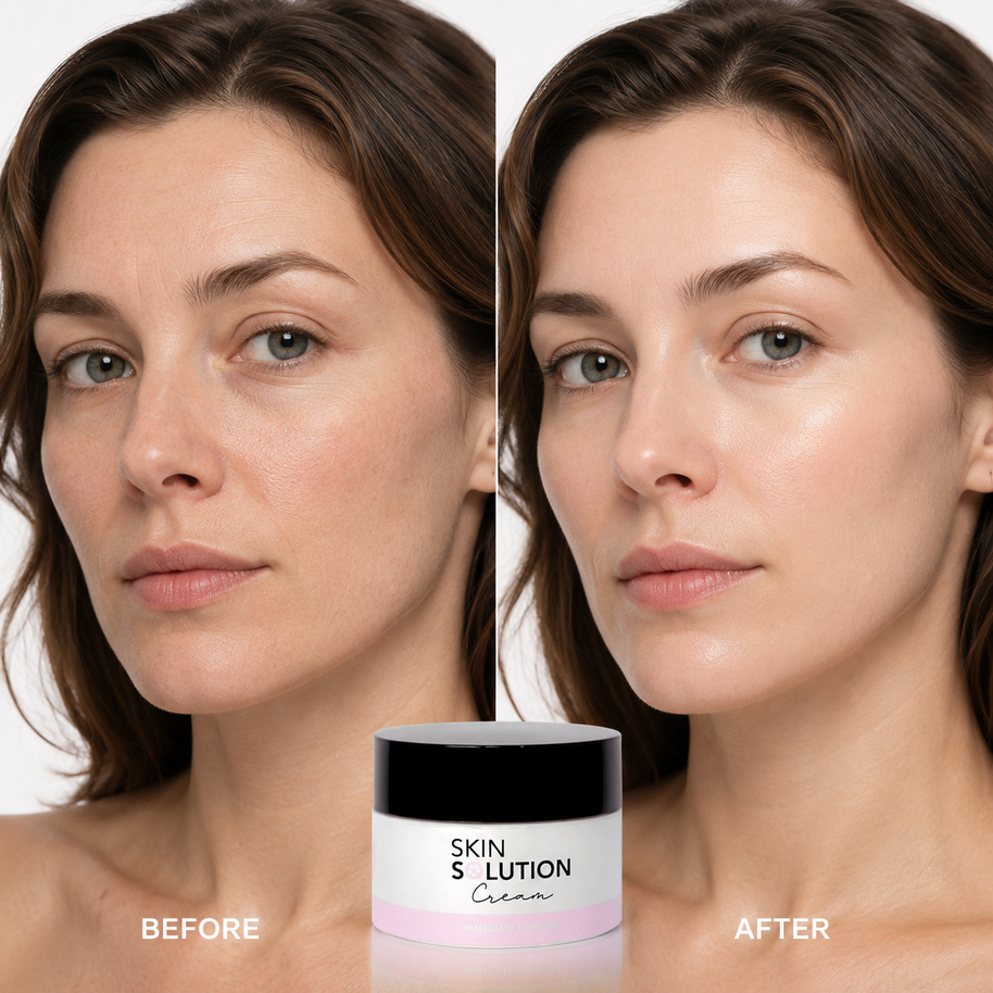 Before-and-after skincare comparison with the Skin Solution Cream jar centered at the bottom.