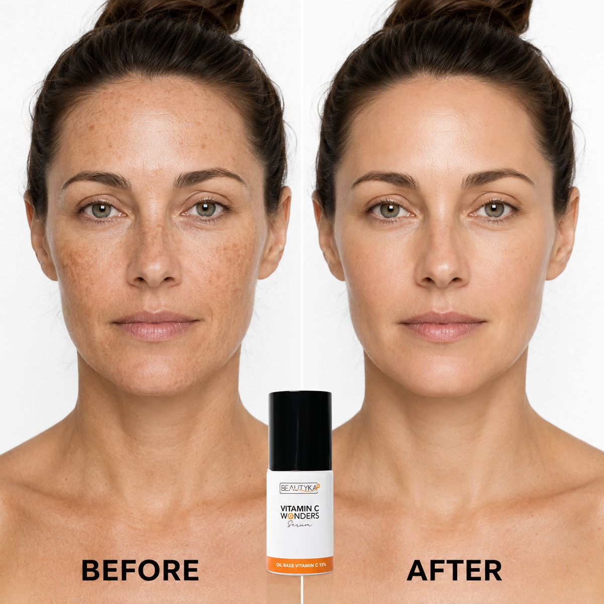 Before-and-after comparison of a woman's face showing smoother, more even skin, with the Vitamin C Wonders bottle centered at the bottom.