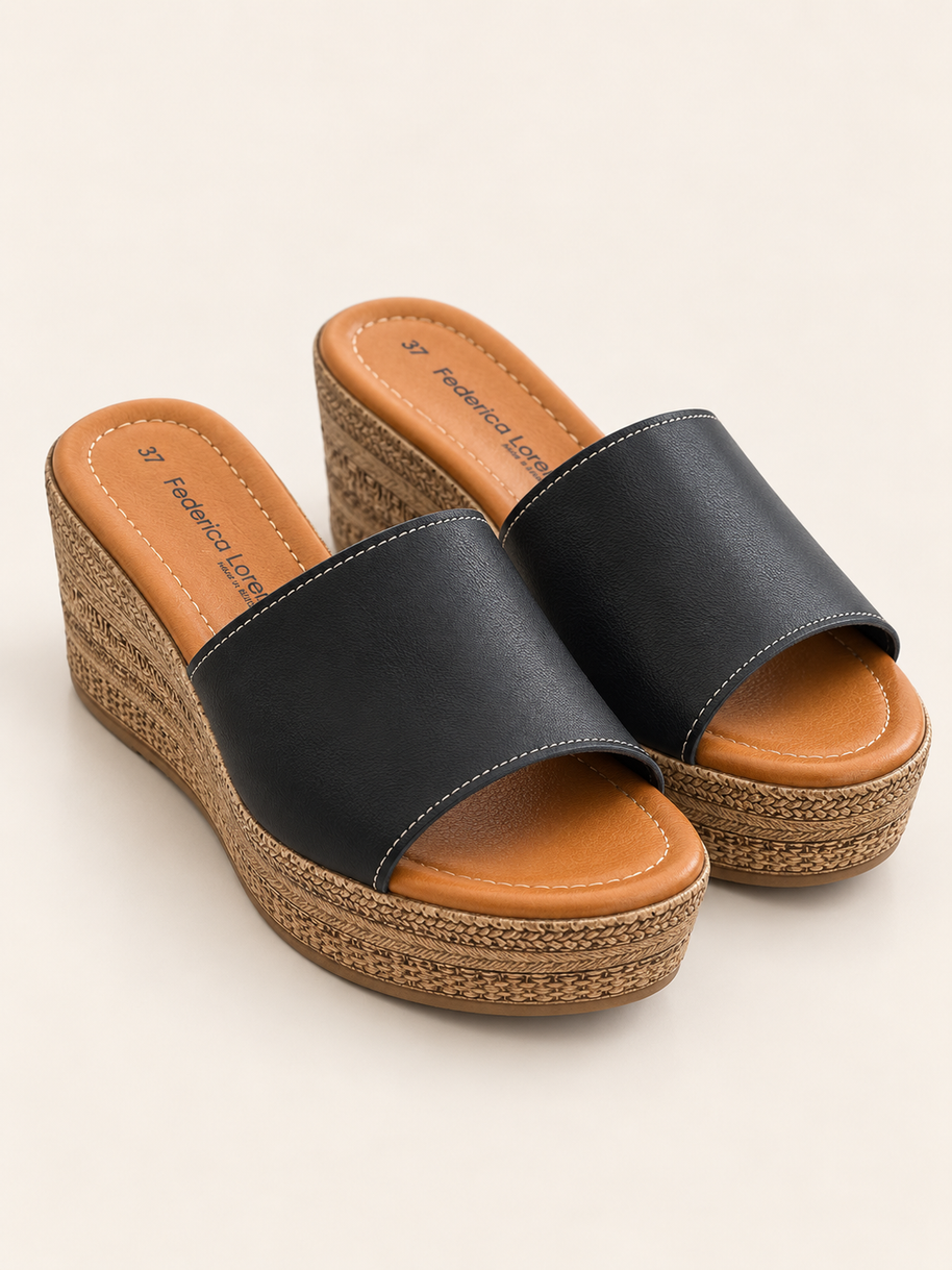 KOAN Federica Lorenzi Black Leather Wedge Slip-On