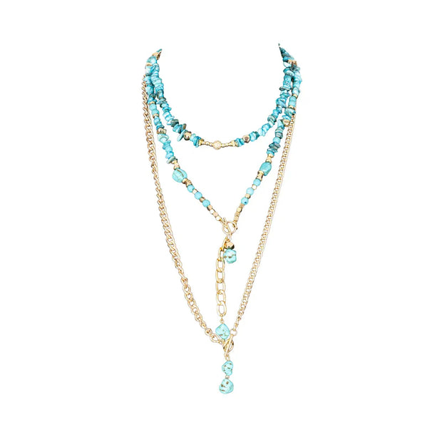 The Dark Layered Turquoise Beaded Necklace with Gold Chain