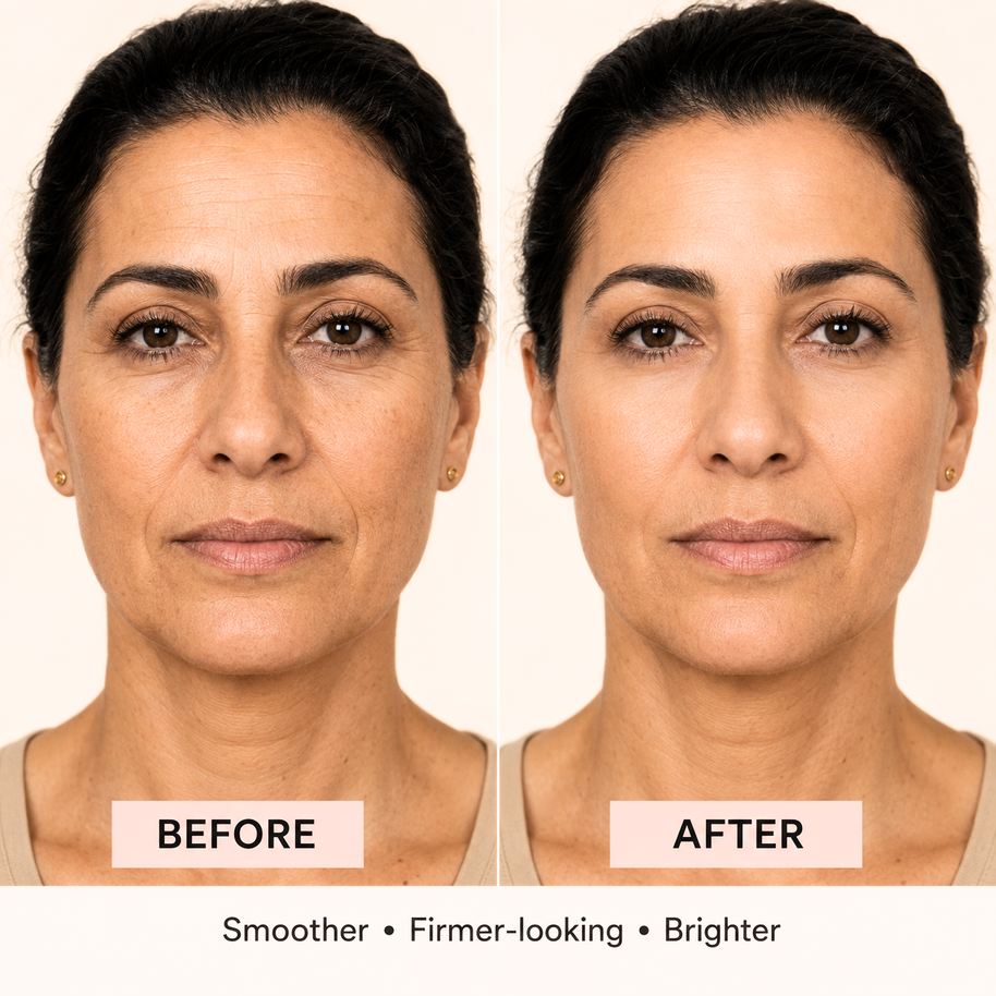 Before-and-after comparison of a woman's face showing skincare results on a light beige background.