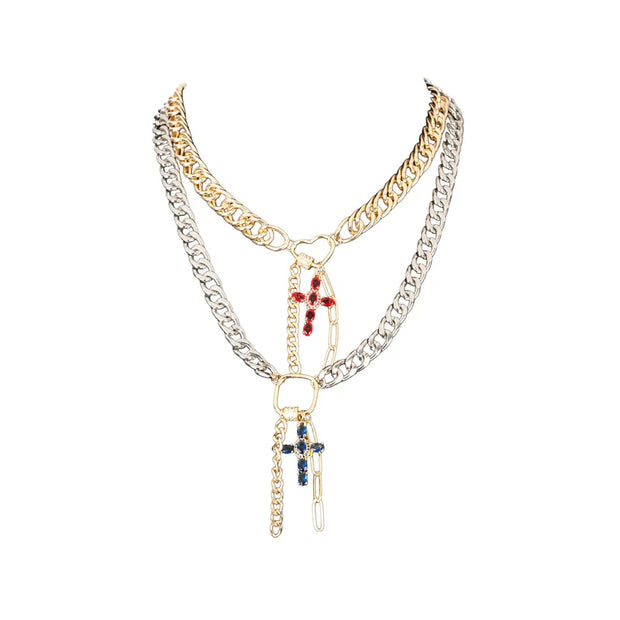 The Dark Mixed Metal Chain Necklace with Cross Charms Gold & Silver Layered Statement