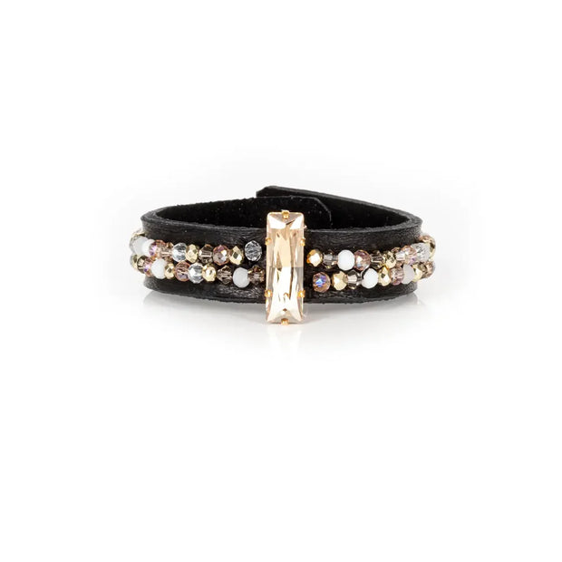 The Dark Black Leather Cuff with Champagne Crystal Bar and Vertical