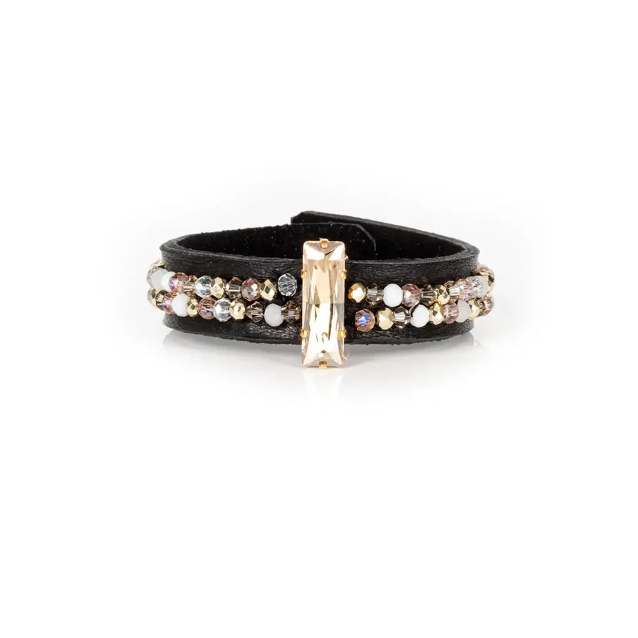 The Dark Black Leather Cuff with Champagne Crystal Bar and Vertical