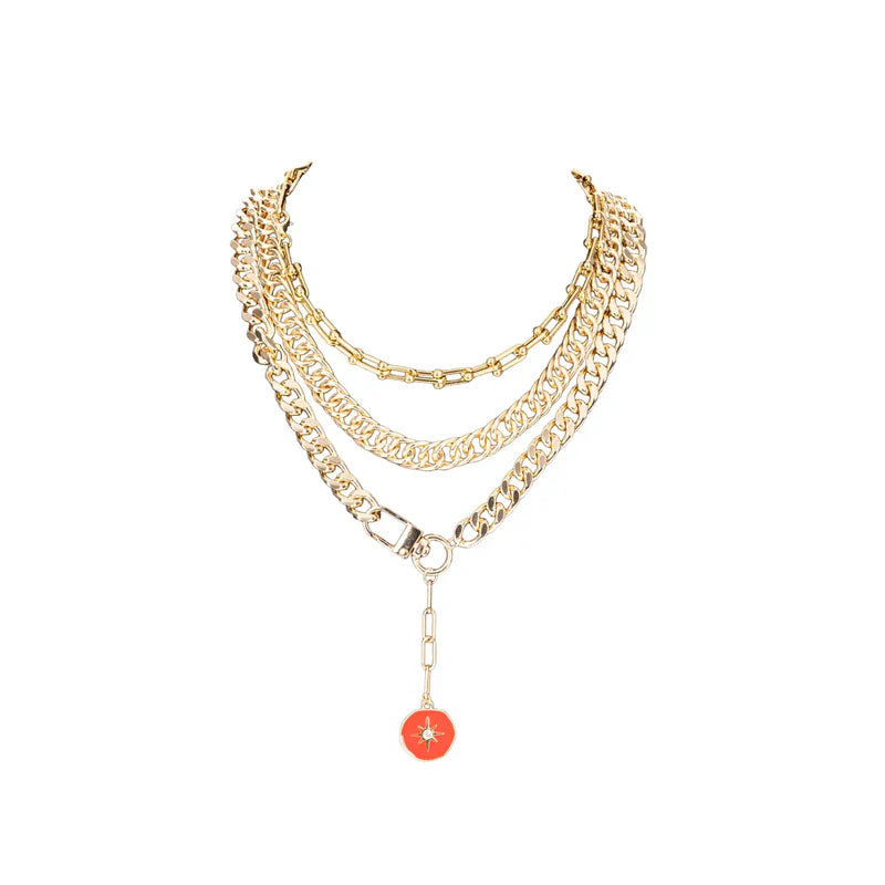 The Dark Layered Gold Chain Necklace with Red Enamel Charm