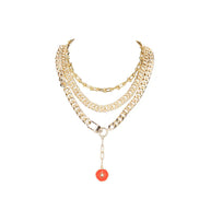 The Dark Layered Gold Chain Necklace with Red Enamel Charm
