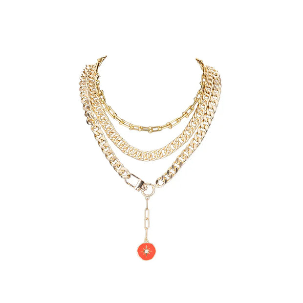 The Dark Layered Gold Chain Necklace with Red Enamel Charm