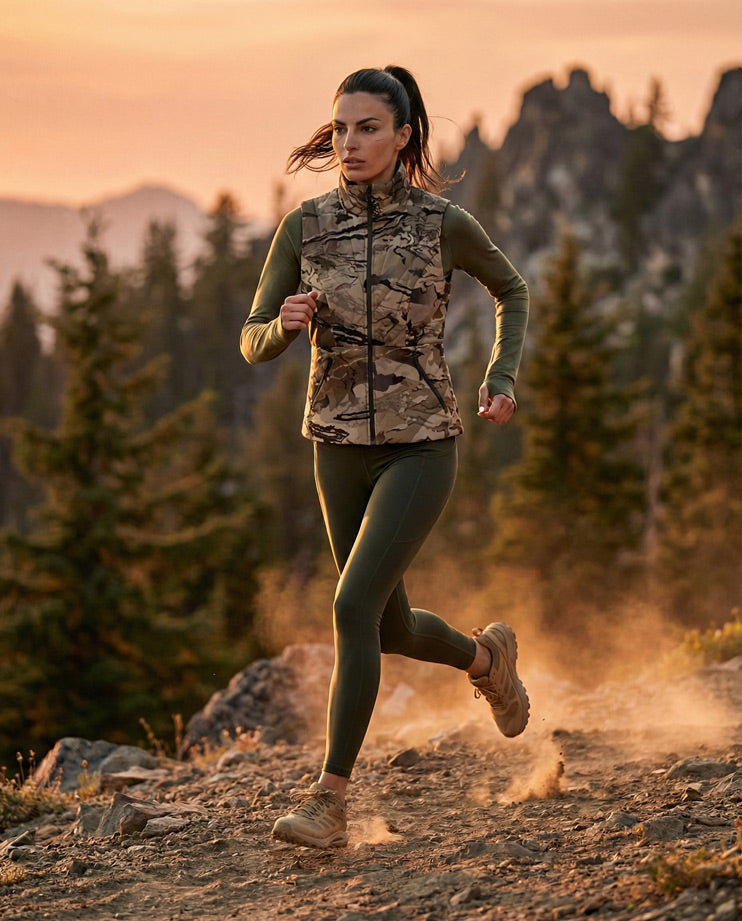Woman trail running in camo vest and leggings on a rocky path at sunset in the mountains.