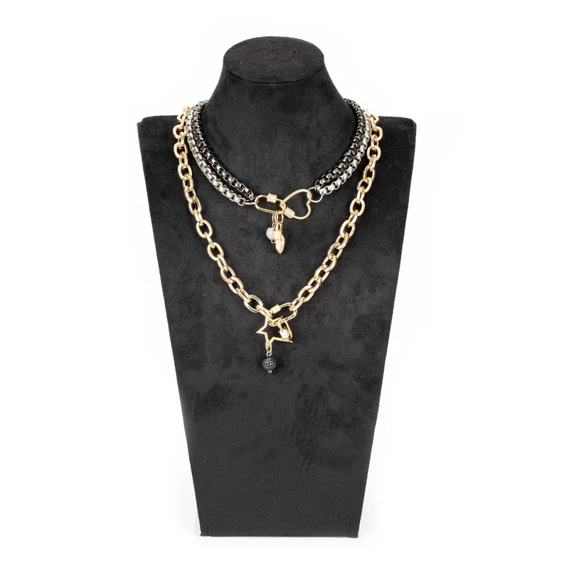 The Dark Mixed Metal Chain Necklace with Lock & Charms