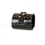 The Dark Black Leather Crystal Cuff Bracelet with Purple Gemstone and Beaded Detail Handmade Statement Bracelet