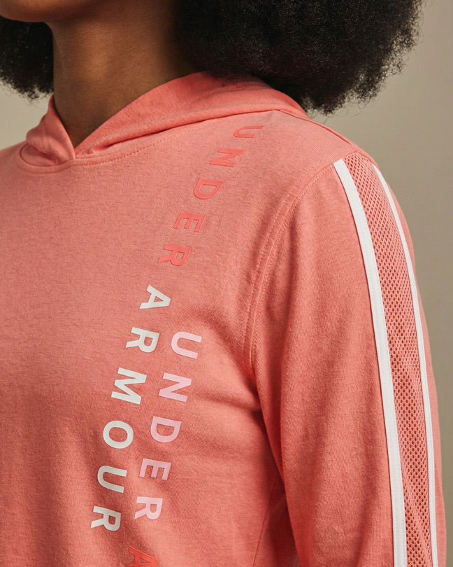 Coral pink Under Armour hoodie with mesh sleeve panel and white vertical logo text