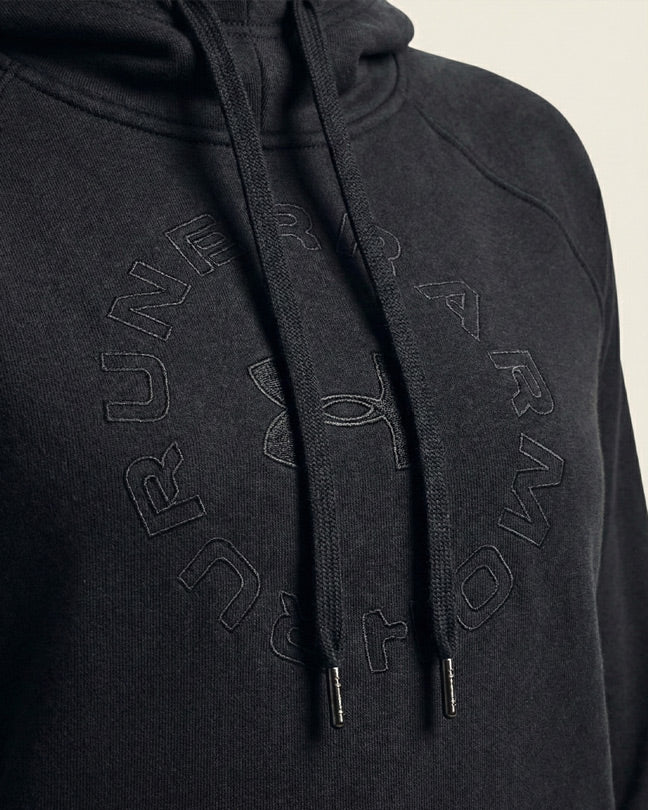 Black hooded sweatshirt with drawstrings and tonal embossed logo on chest