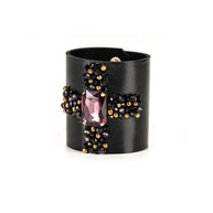 The Dark Black Leather Crystal Cuff Bracelet with Purple Gemstone and Beaded Detail Handmade Statement Bracelet