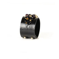 The Dark Black Leather Crystal Cuff Bracelet with Purple Gemstone and Beaded Embellishment Handmade Statement Bracelet