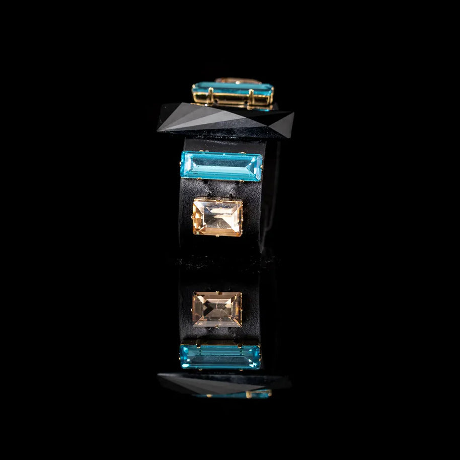 The Dark Black Leather Cuff with Blue & Champagne Crystals