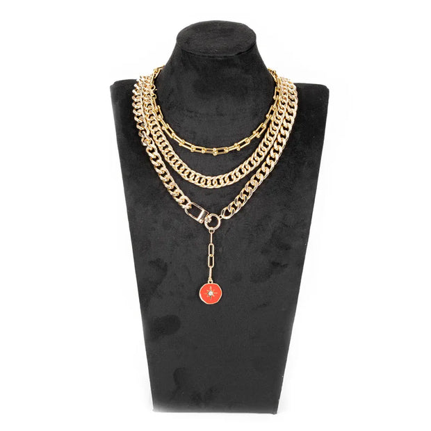 The Dark Layered Gold Chain Necklace with Red Enamel Charm