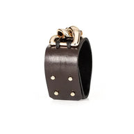 The Dark Brown Leather Chain Cuff Bracelet with Oversized Gold Links Handmade Statement Bracelet