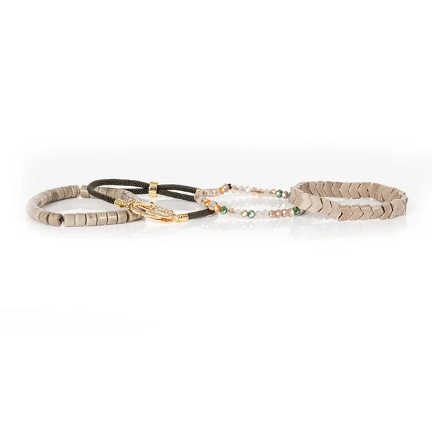 The Dark Pavé Lock Multi-Layer Beaded Bracelet Stack Sand & Olive