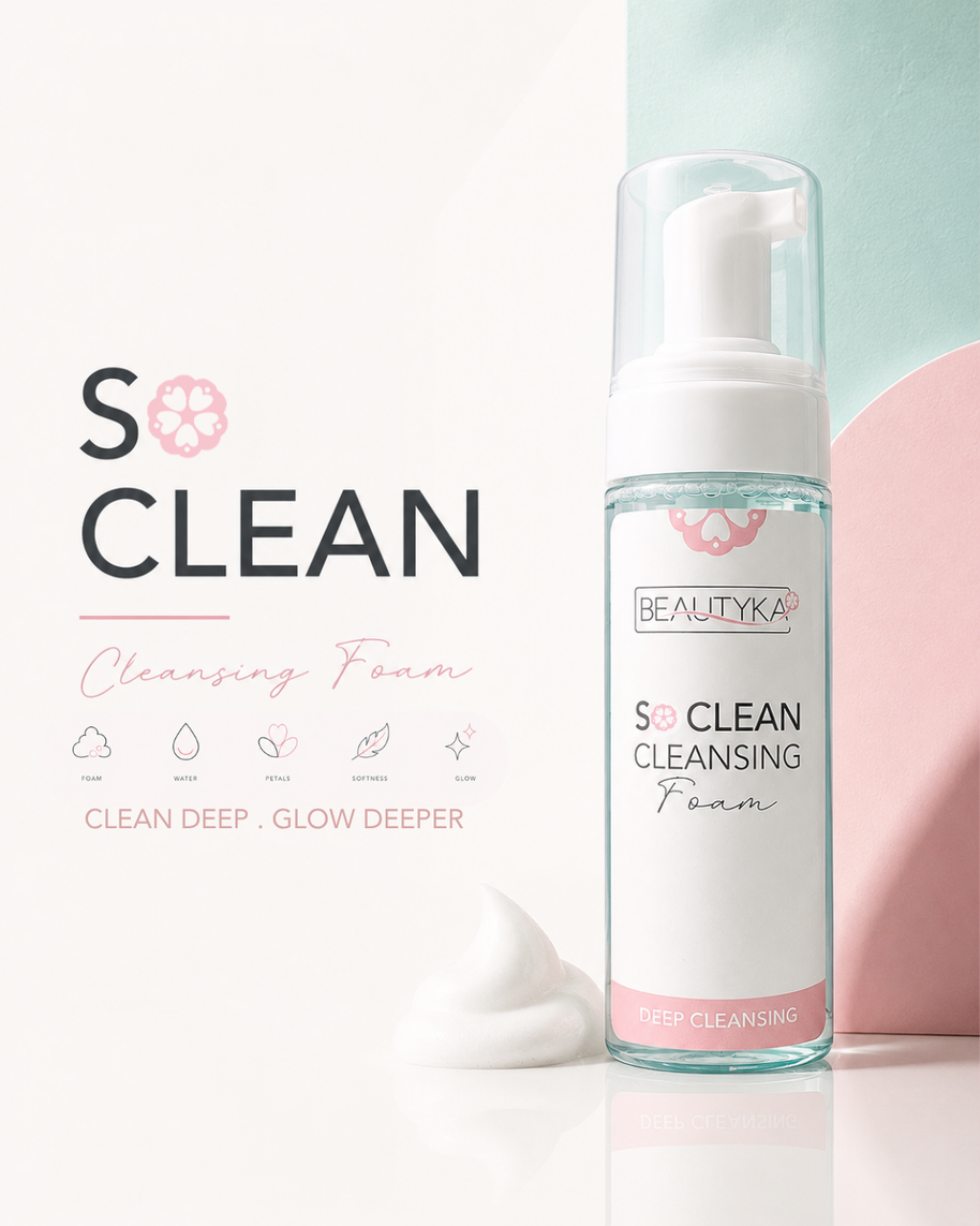 BEAUTYKA So Clean Cleansing Foam bottle with a pump dispenser, shown next to a dollop of white foam on a reflective surface.