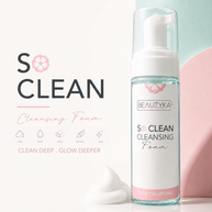 BEAUTYKA So Clean Cleansing Foam bottle with a pump dispenser, shown next to a dollop of white foam on a reflective surface.