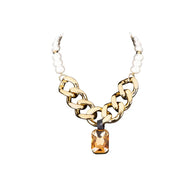 The Dark Gold Chain Necklace with Pearl Detail & Amber Crystal Pendant