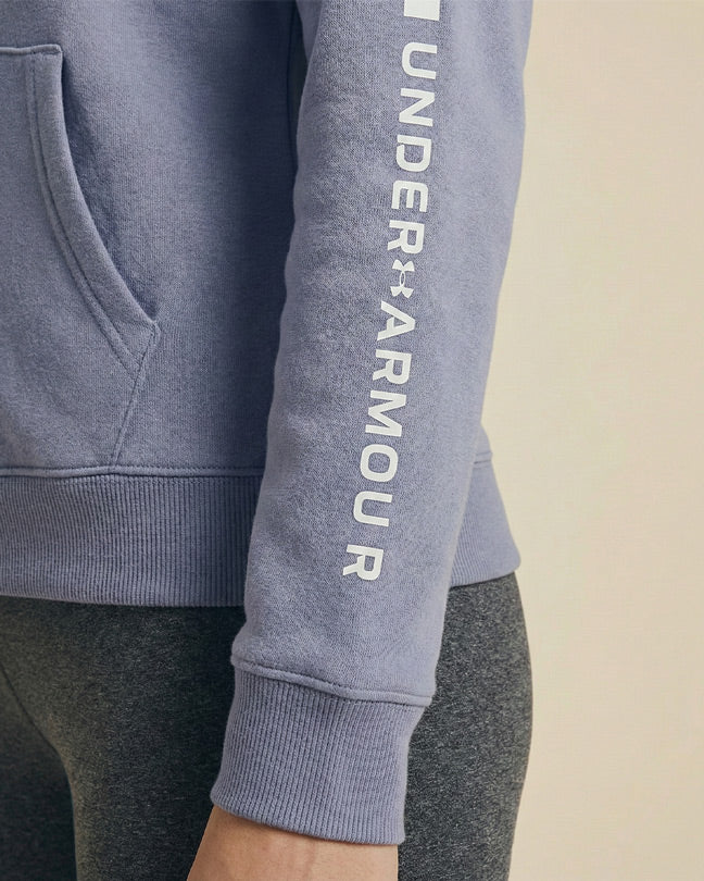Light purple Under Armour sweatshirt sleeve with white logo and text, gray leggings visible