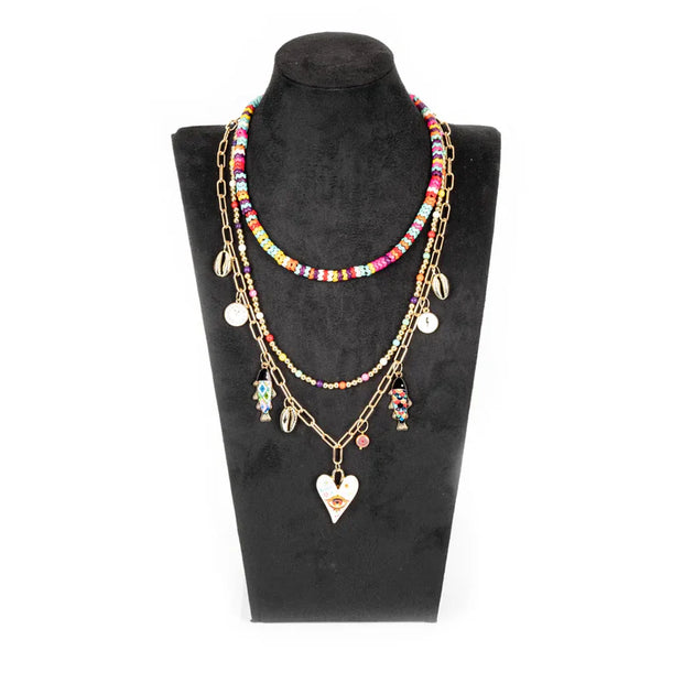 The Dark Colorful Layered Charm Necklace with Evil Eye Heart