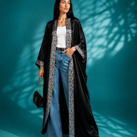 Tendresse Boutique Black Silk Abaya with Calligraphy Embroidery
